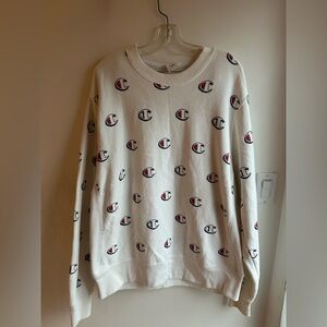 Champion Reverse Weave all-over logo crewneck sweatshirt in white Mens XL